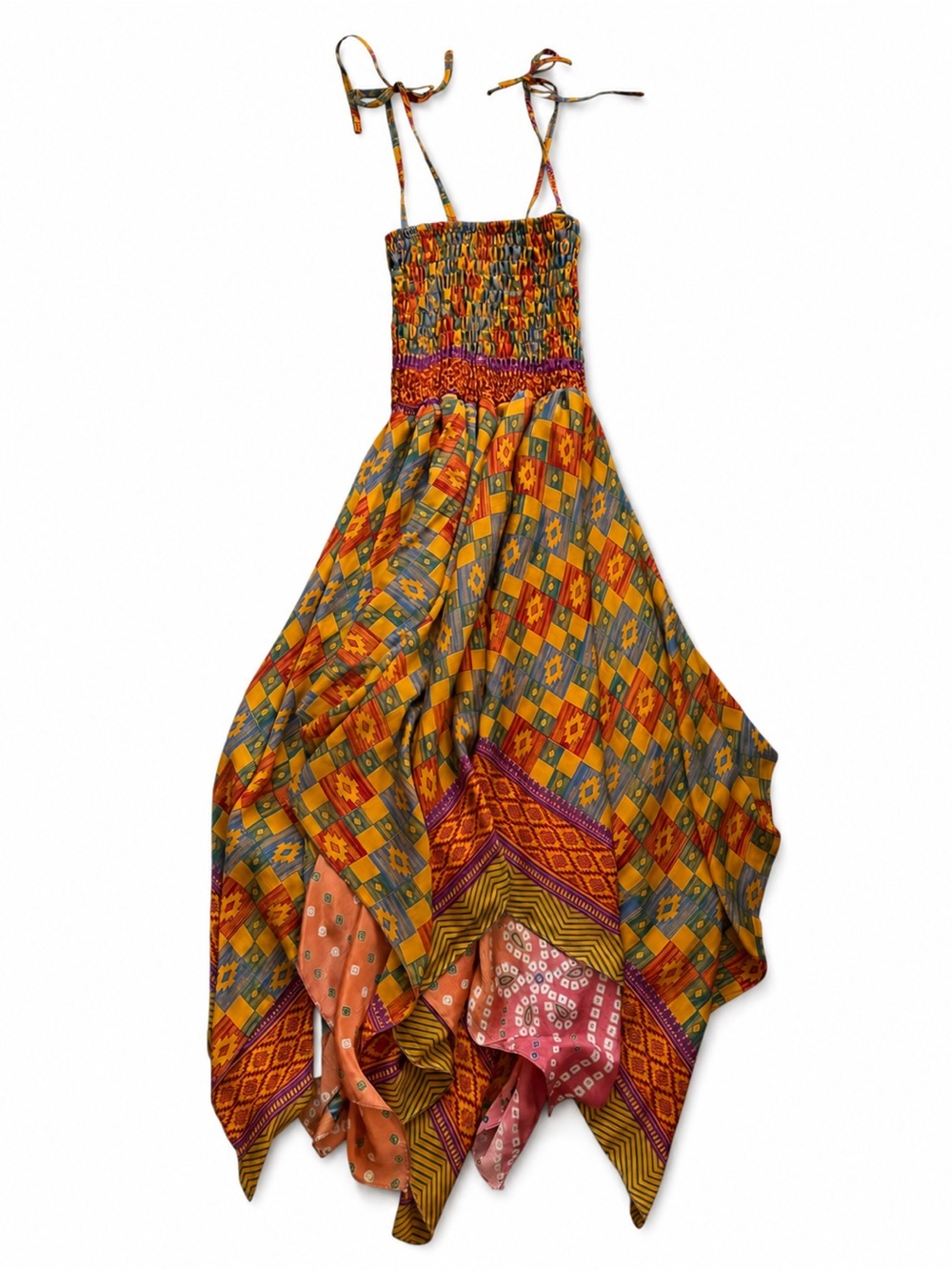 Silk Blend Whimsigoth Fairycore Handkerchief Hem Dress Boho Festival India-made